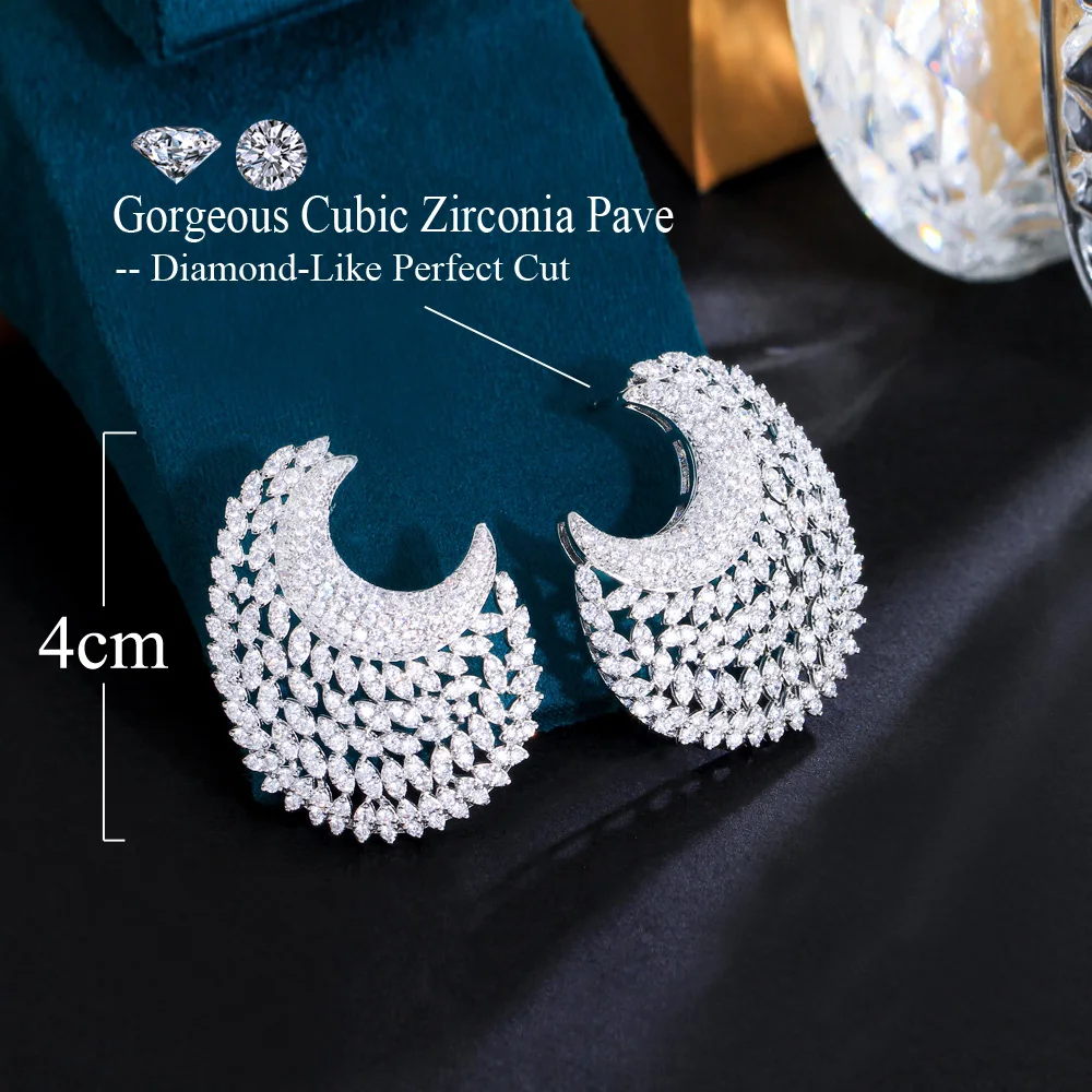 CWWZircons Glittering Half Round Moon Shape Big Cubic Zirconia Drop Party Earrings Luxury Women Wedding Banquet Jewelry CZ542