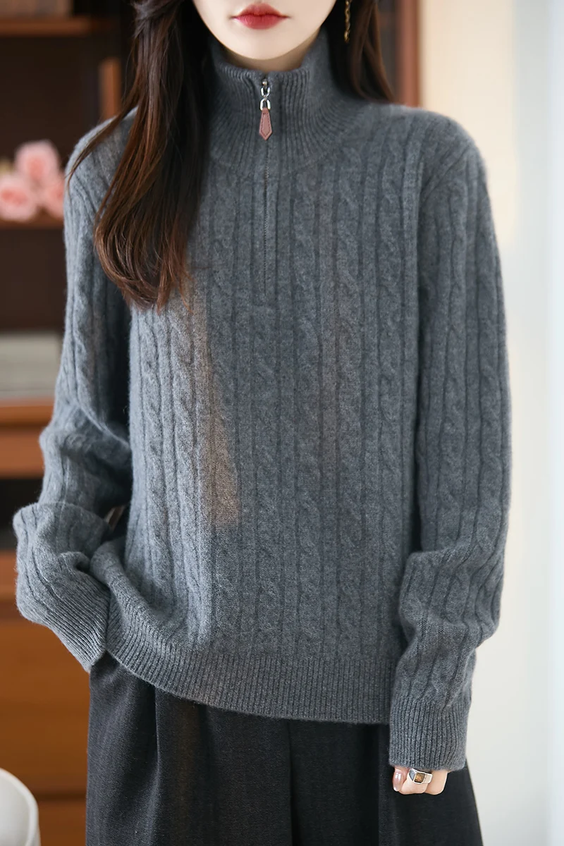 

Women 100% Merino Wool Thickening Sweater High Neck Knitted Twisted Pullover Autumn Winter Solid Color Casual Clothing Base Tops