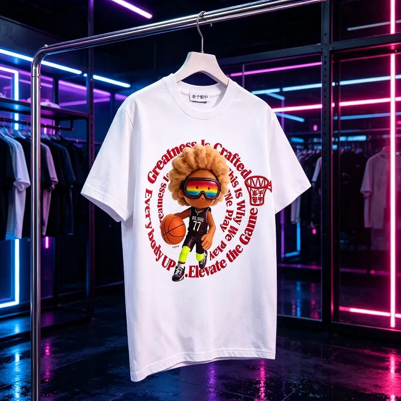 Original Trendy Baseball Cartoon Print Short Sleeve Women's American Retro High Street Couple T-Shirt