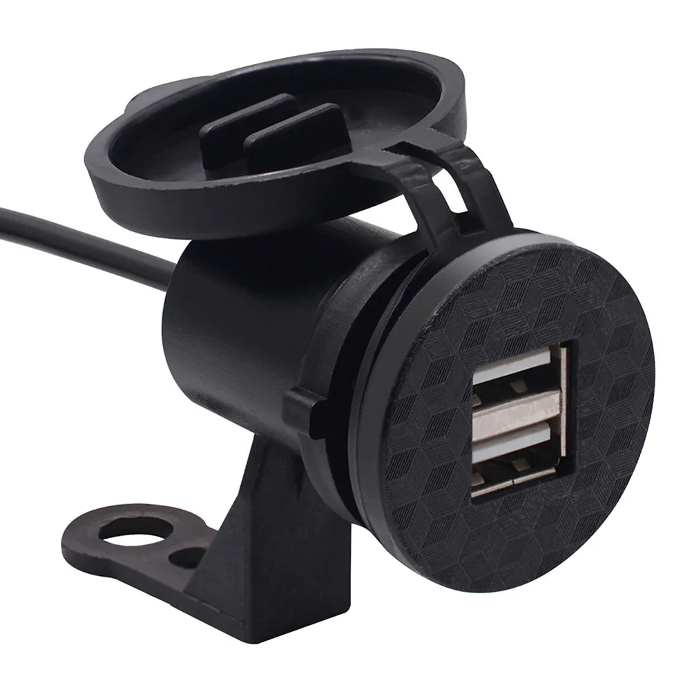 Motorcycle Mobile Phone Charger 12V Dual USB Black ABS Waterproof Dustproof Panel Rearview Mirror Handlebar Fixed Motor USB