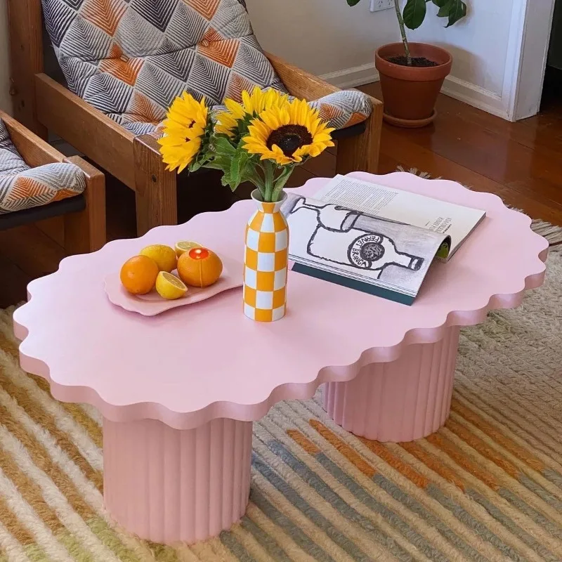 Dopamine living room coffee table, girly style solid wood creative grade cream cloud desktop irregular wave table