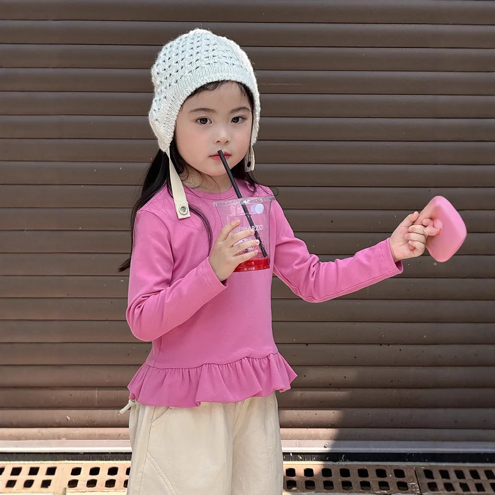 

Solid Color Ruffled Undershirt Spring and Autumn Fashion Cute Casual All-match Simple Undershirt Kids Clothes