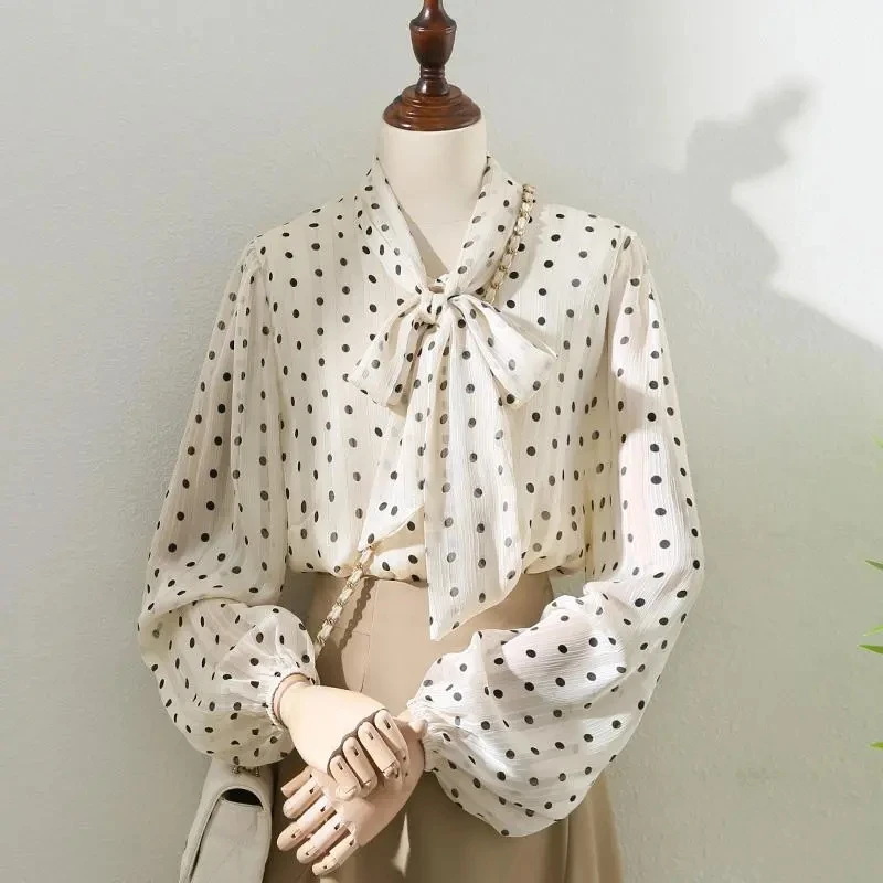 Beige Polka Dot Bow Neck Elegant Chiffon Long Sleeve Loose Women\'s Blouse Shirt Korean Fashion Female Clothing Tops Spring 2024