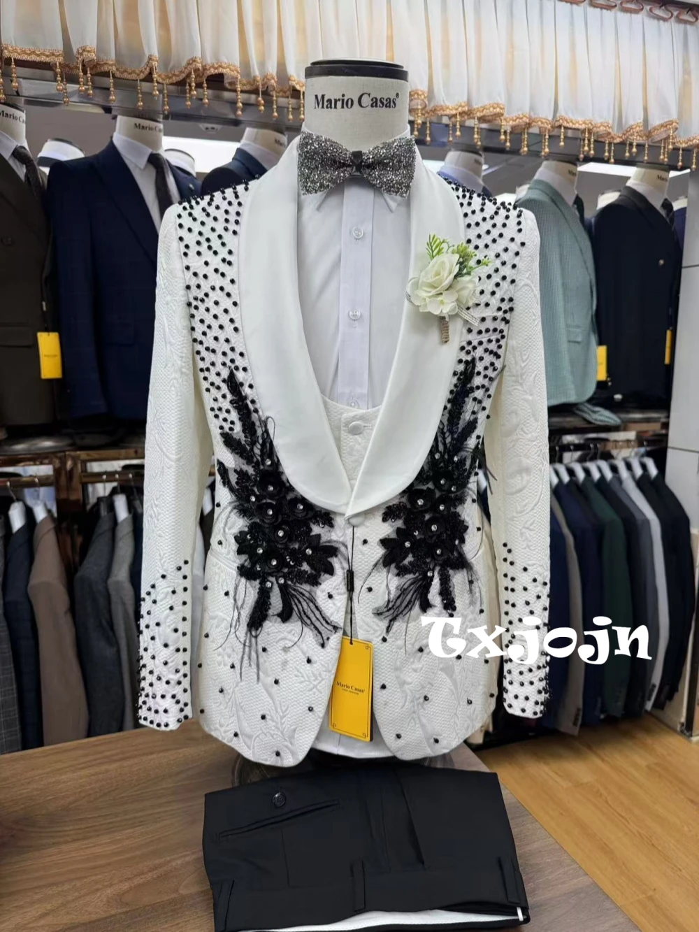 

Men's Suit Jacquard 3 Pieces Party Prom Wear Luxurious Beads Shawl Lapel Suit Set For Men Customized Tuxedo Wedding Groom Outfit