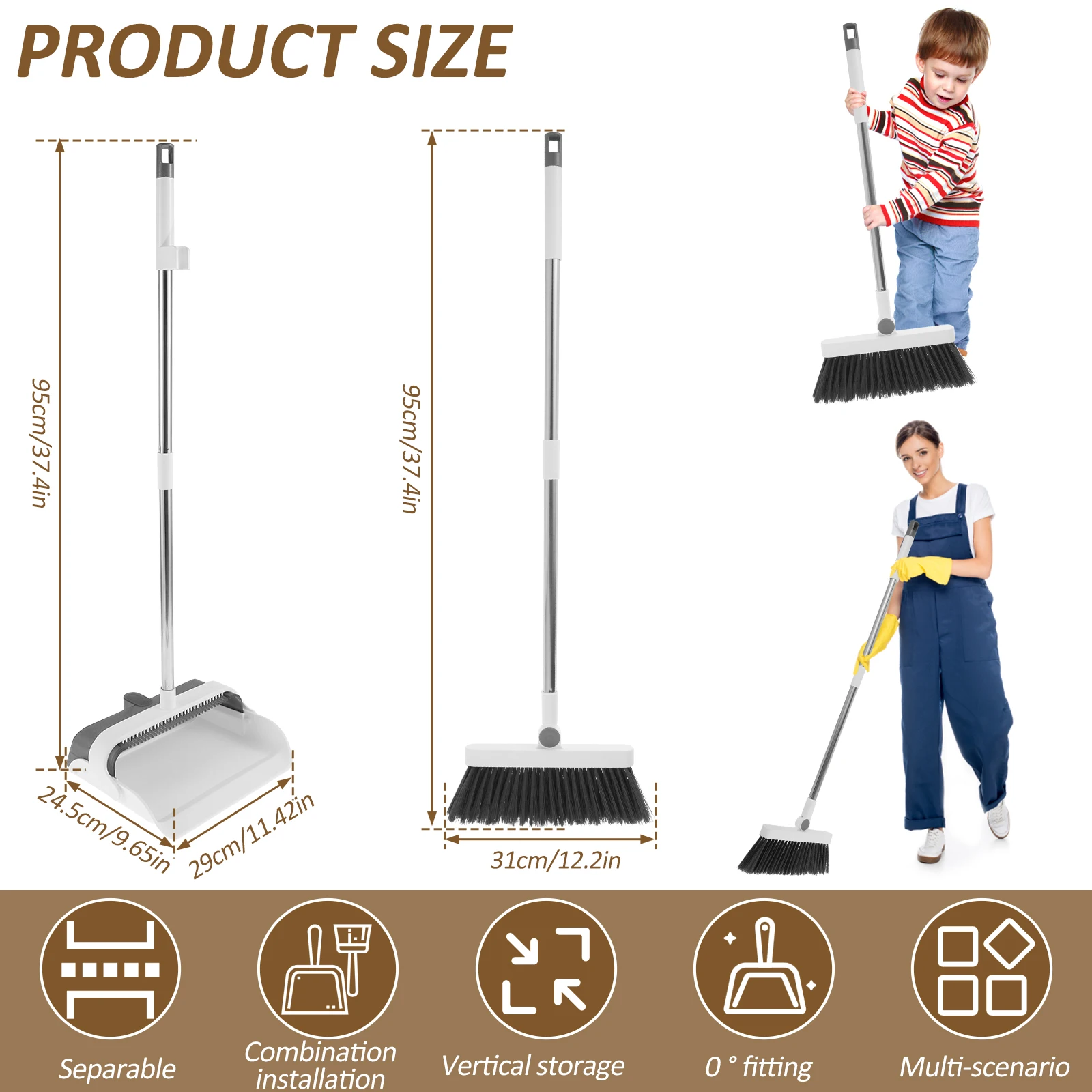 Broom and Dustpan Set with Adjustable Handle Space Saving Standing Dustpan and Broom with Double Scraper Teeth Broom Combo Set