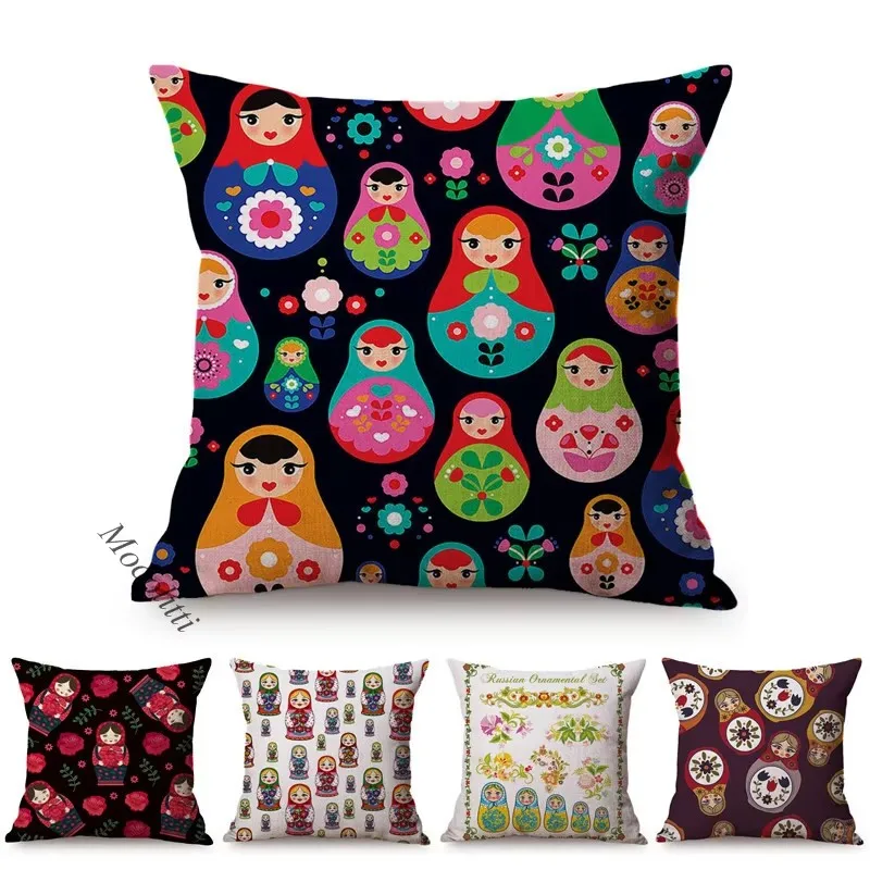 Colorful Russian Doll Pattern Cushion Cover Russia Art Hand-Painted Decoration Sofa Throw Pillow Case Flax Square Cushion Cover
