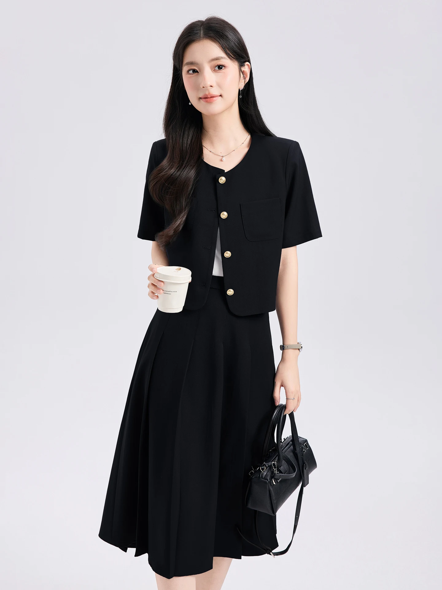 Gray Suit Jacket Women's Short Thin Formal Interview Commute Style Polyester Fiber round Neck Single Button Closure Suit
