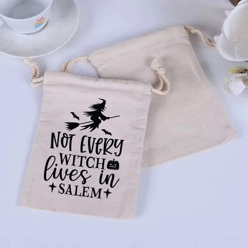 

Wholesale 10 pieces/Halloween quotes natural cotton drawstring bag gift packaging bag personalized text ordinary storage bag