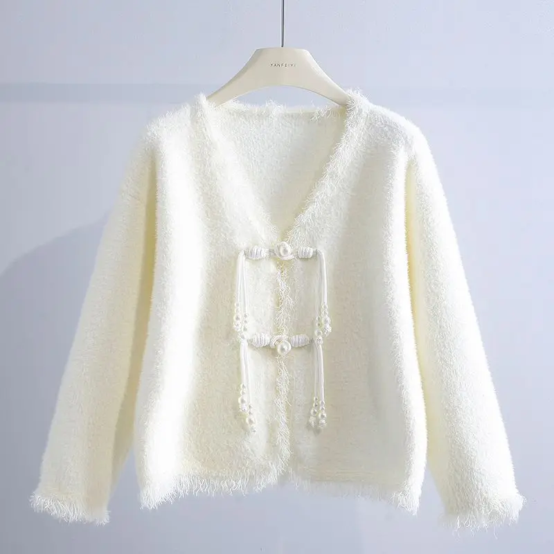 Imitation Mink Fleece Sweater Coat Cardigan Women Autumn/Winter 2023 National Long Sleeve Button Knitted Cardigan Female Tops