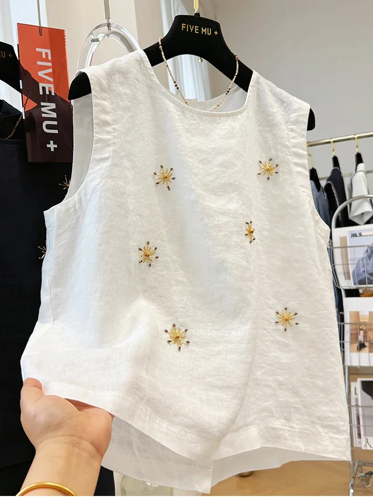 

2025 New Summer Single Breasted Beading Sleeveless Tops Women Fashion Linen Casual Tee Female Solid Breathable Short Y2k Tops