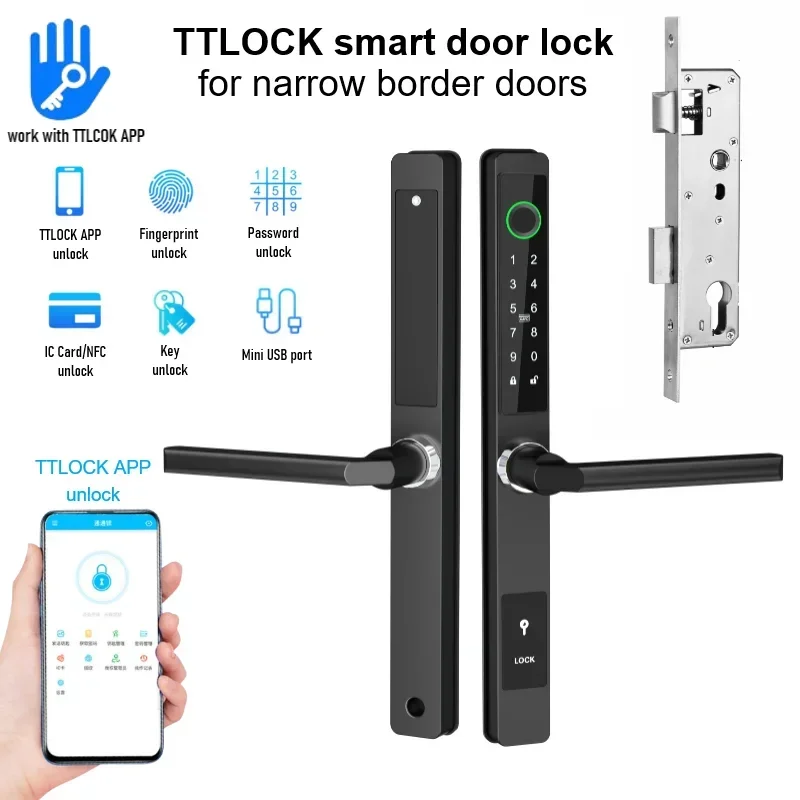 Waterproof TTlock Outdoor Gate Fingerprint Lock BLE APP RFID Card Electronic Smart Door Lock Glass Aluminum Narrow Door Lock