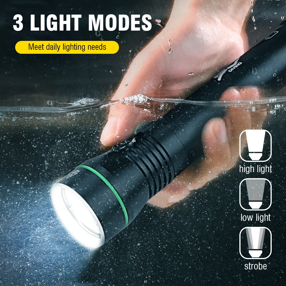 BORUiT Diving LED Flashlight High Power IPX8 Waterproof Professional Scuba Underwater Hand Lamp 18650/26650 Battery Work Torch