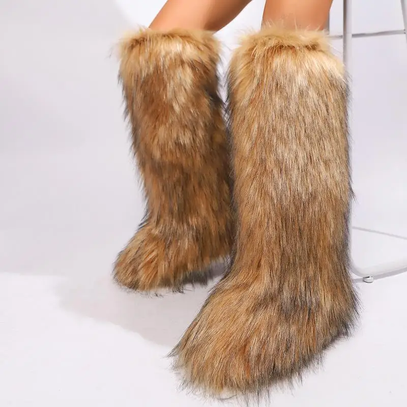 New Winter Women's Fluffy High Boots Faux Fur Snow Boots Short Tube EVA Material Lined Inner Pig Skin Flat Heel Spring Autumn