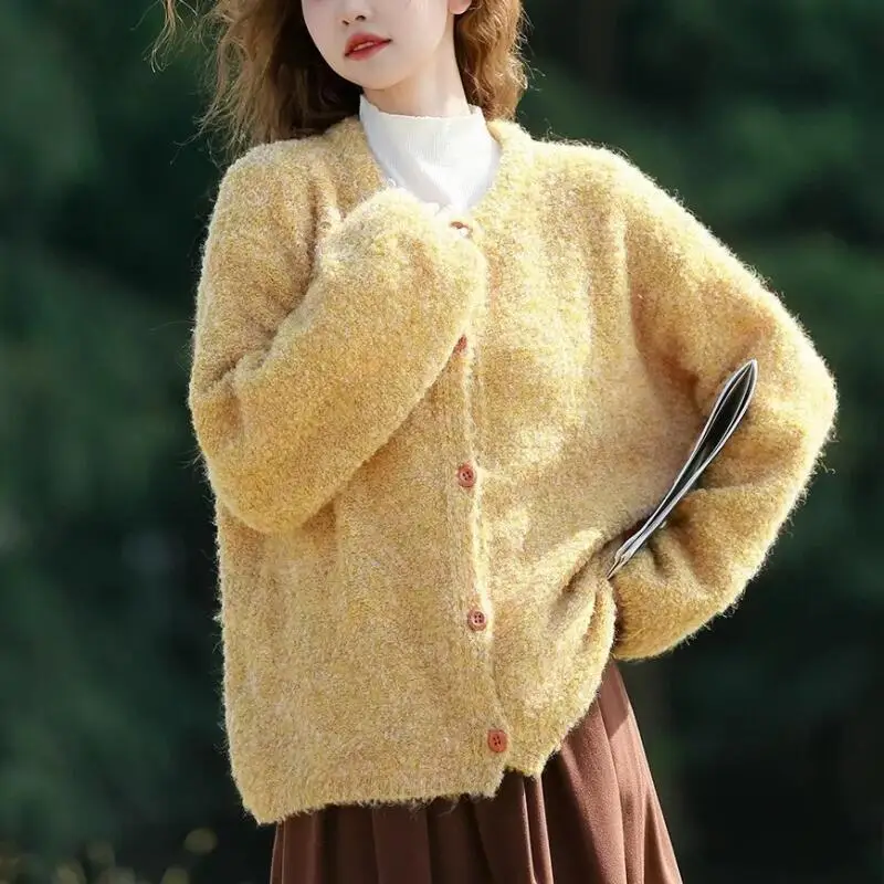 Cárdigan amarillo, suéter para niña, Otoño Invierno, prendas de punto suaves y pegajosas, abrigo bonito y perezoso, Tops, ropa de moda para mujer al por mayor
