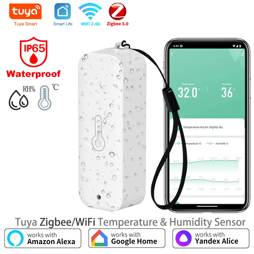 Tuya Zigbee/WiFi Outdoor Temperature Humidity Sensor Thermometer Smart Life Work Google Assistant ,IP65 Waterproof+Hanging Rope