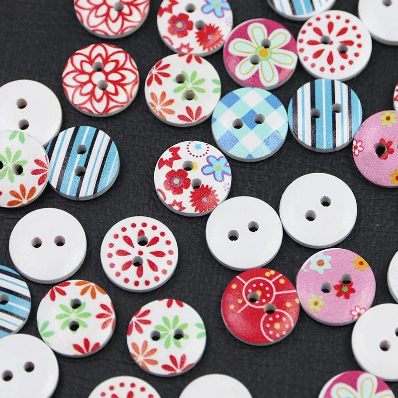 (100 pieces/pack) 1.5cm 2-hole painted printed buttons mixed wood craft round clothes pants Sewing accessories Handmade DIY