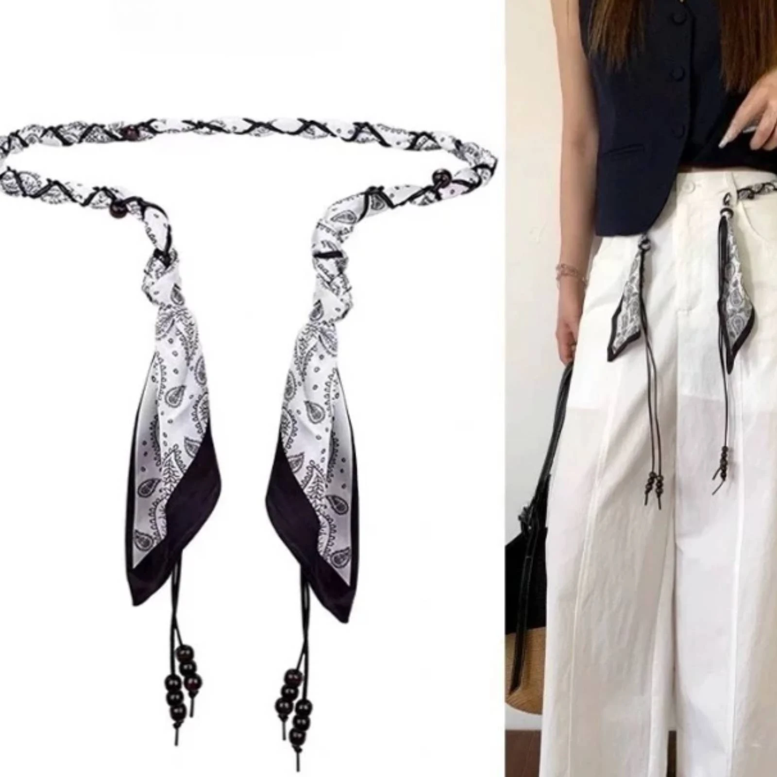 Scarf Belt Woven Braided Belt with Beads Retro Skinny for Women, Casual Wear, Festivals