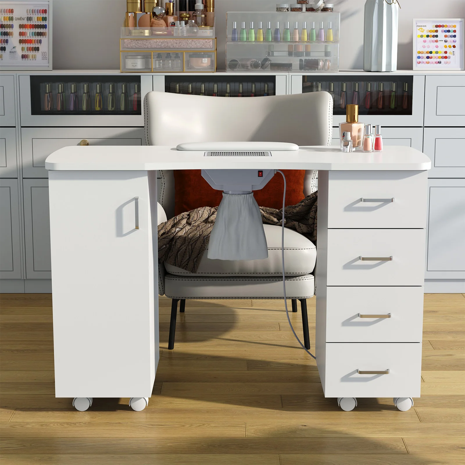 

Customizable Modern manicure table with dust collector and wrist pad.