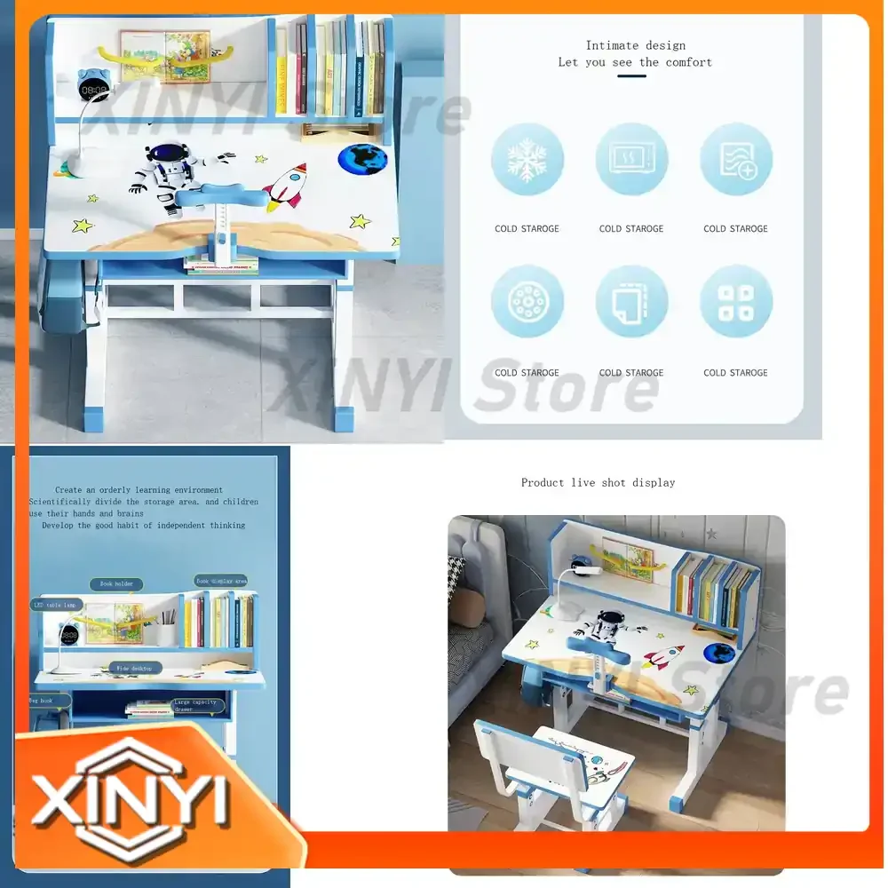 Elevating Desk and Chair Set for Home Office Kids Study Room Cartoon Bookcase Combo Adjustable Height Desk Chair for Children