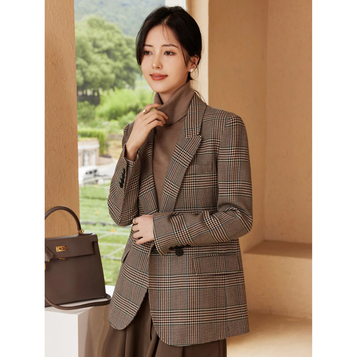 Allingentle Plaid Women's Blazer Fashion Jacket Office Coat V-Neck Blazer for Cocktail Party Daily Outfits Customize