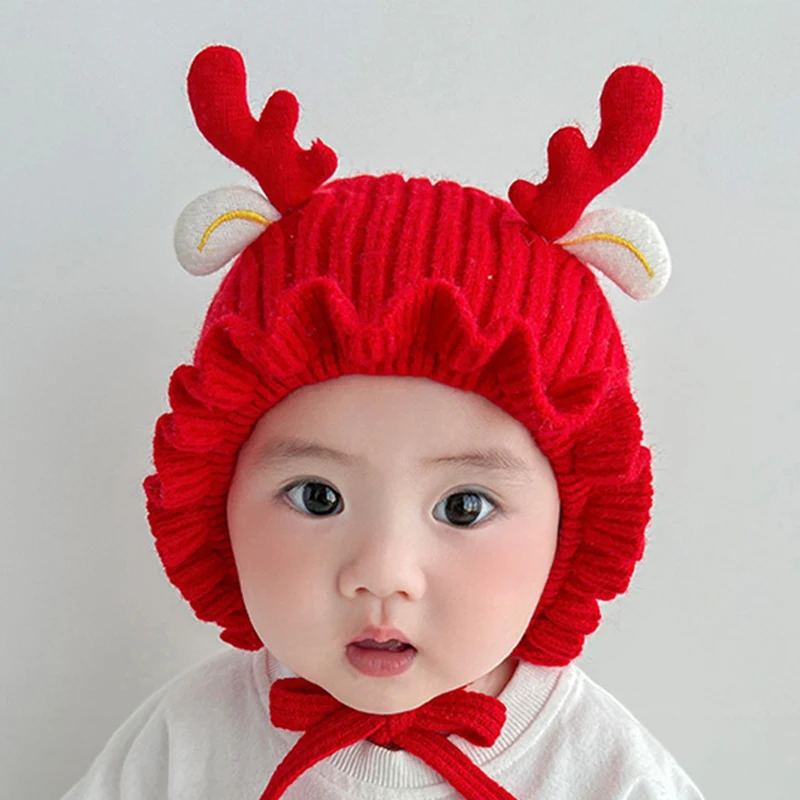 Cartoon Deer Baby Knitted Hat Winter Warm Infant Ear Protection Cap Solid Color Cute Antler Toddler Boy Girl Beanie Caps