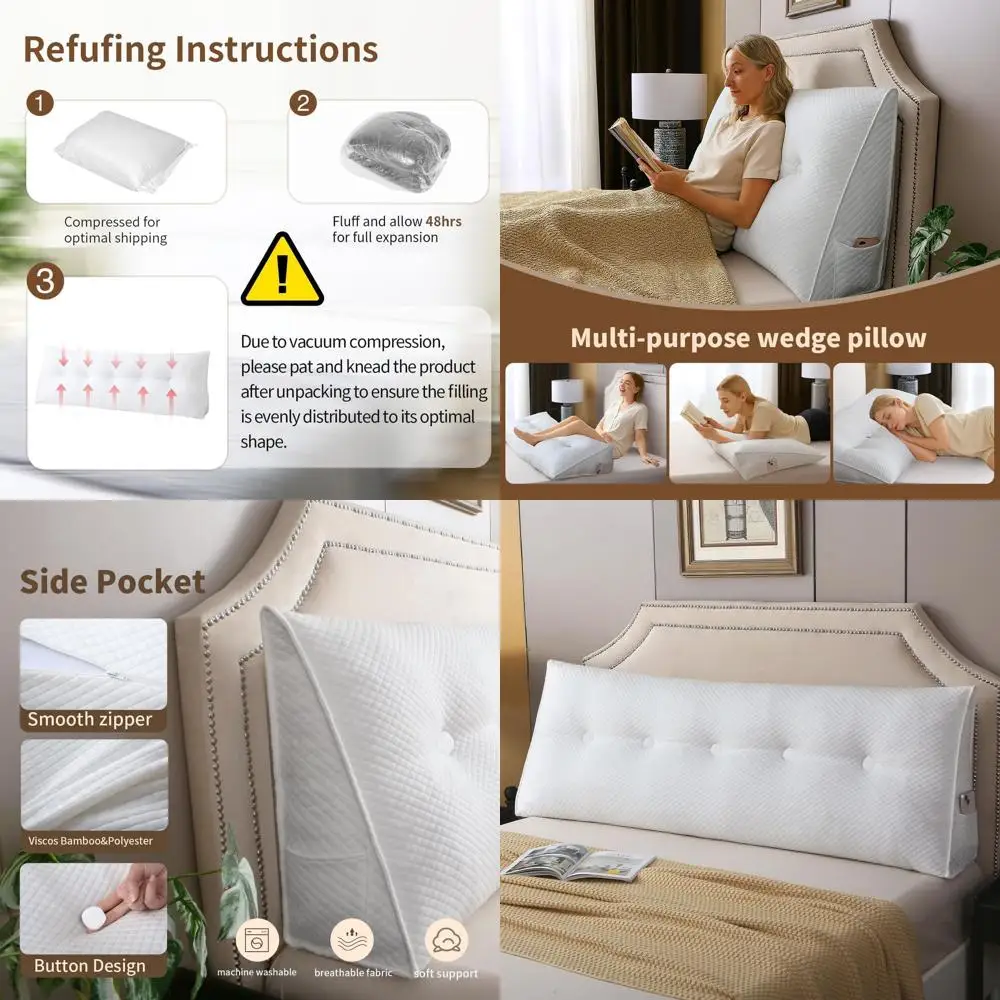 

Full Size Bed Wedge Pillow for Dorm, Ergonomic Support for Sitting, Reading, and Relaxing with Removable White Cover