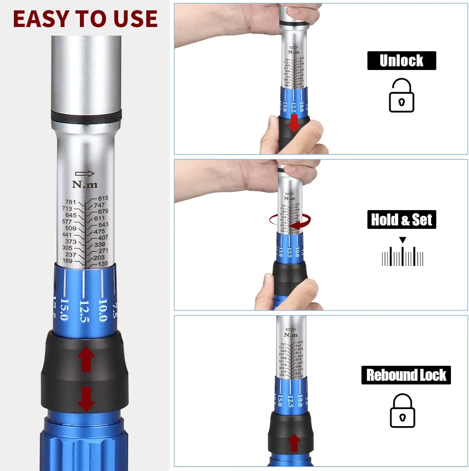 Drive Click Torque Wrench Set com uma chave hexagonal, 48-Tooth alta precisão, 100-600ft.lb, 3/4"
