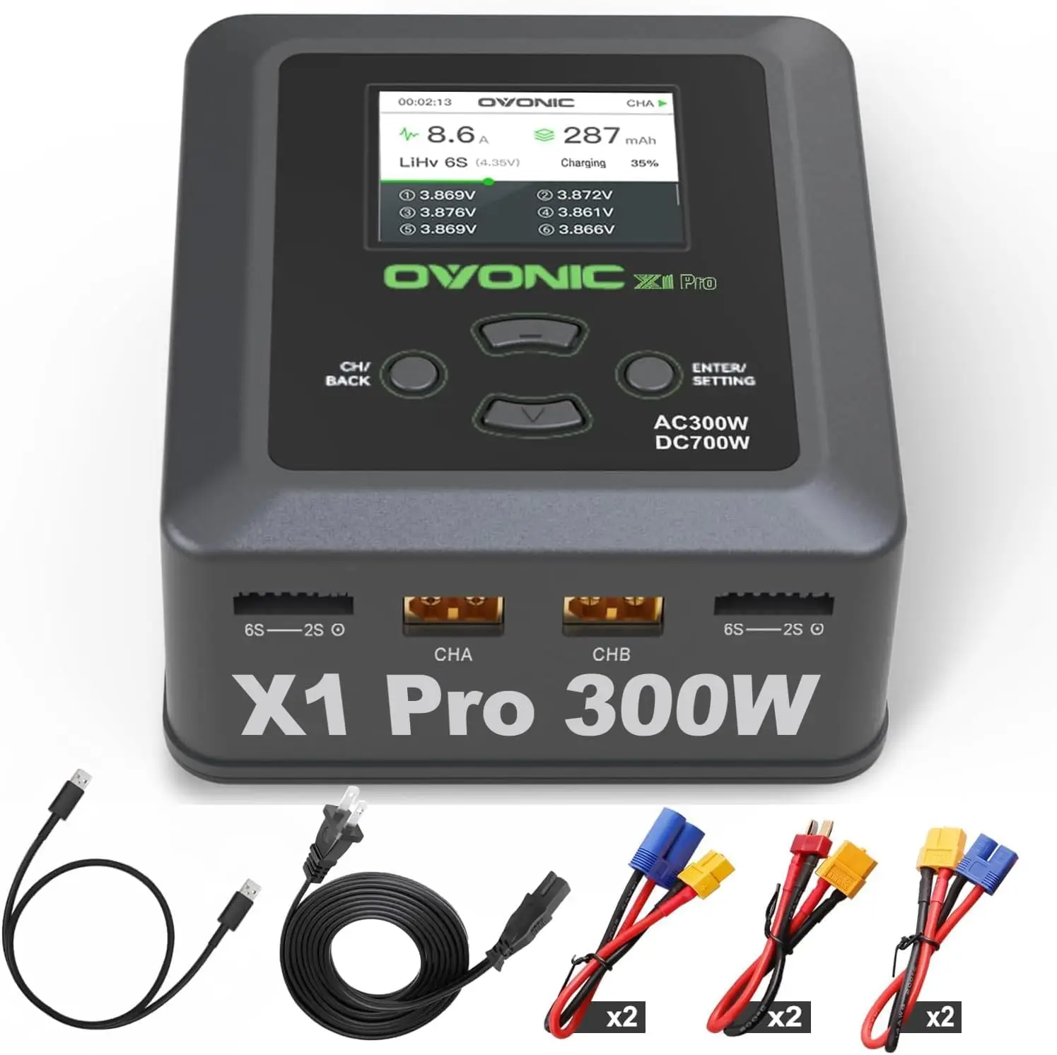 OVONIC X1 Pro Dual RC Lipo Akku Balance Ladegerät für 1s 2s 3s 4s 5s 6s Lipo Akkus, Life/NiCd/NiMH/LiHV Akkus – AC 300W