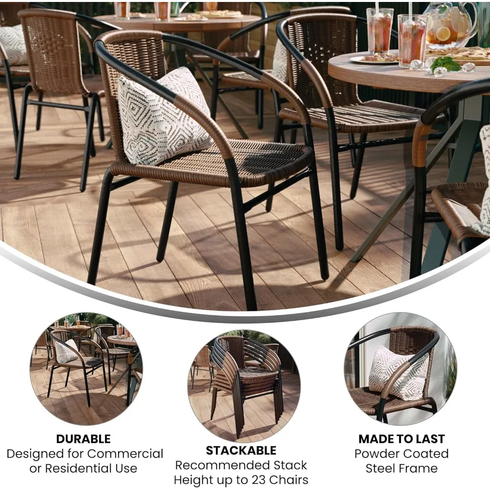 Lila Moderne stapelbare Rattan-Esszimmerstühle für den Innen- und Außenbereich, stapelbare Rattan-Bistrostühle für Terrasse oder Restaurant