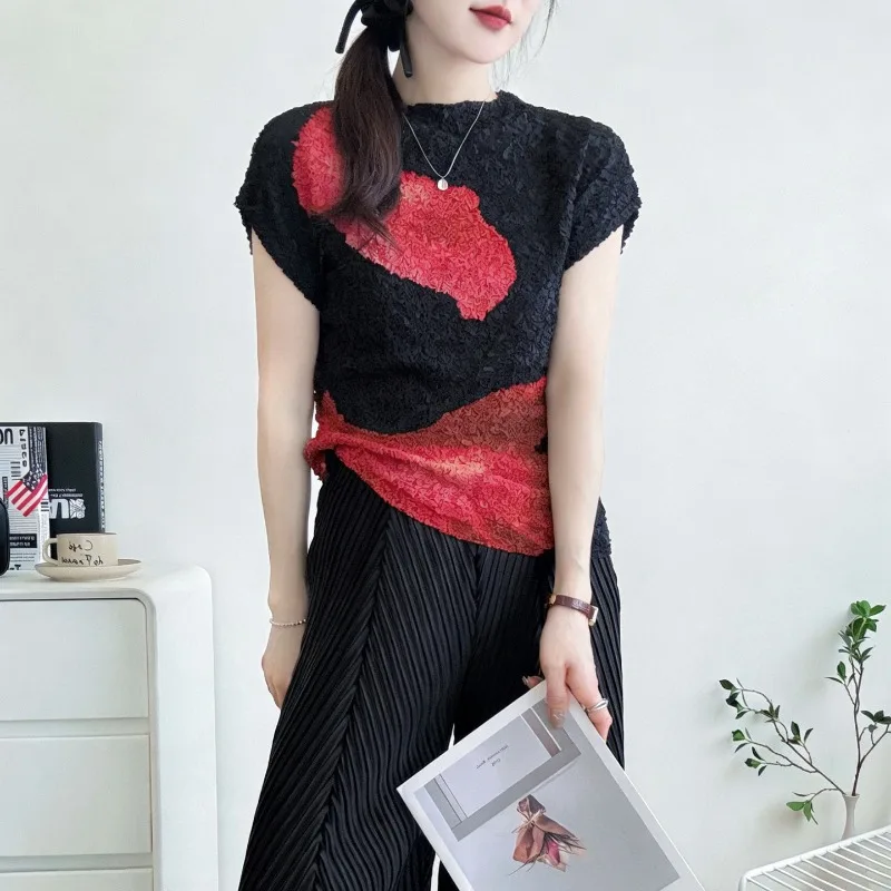 

2026 Summer New T-Shirt Miyake Pleated Print Tie-Dye Embroidery High Elasticity Short Sleeve Top Women's Lightweight Clothing