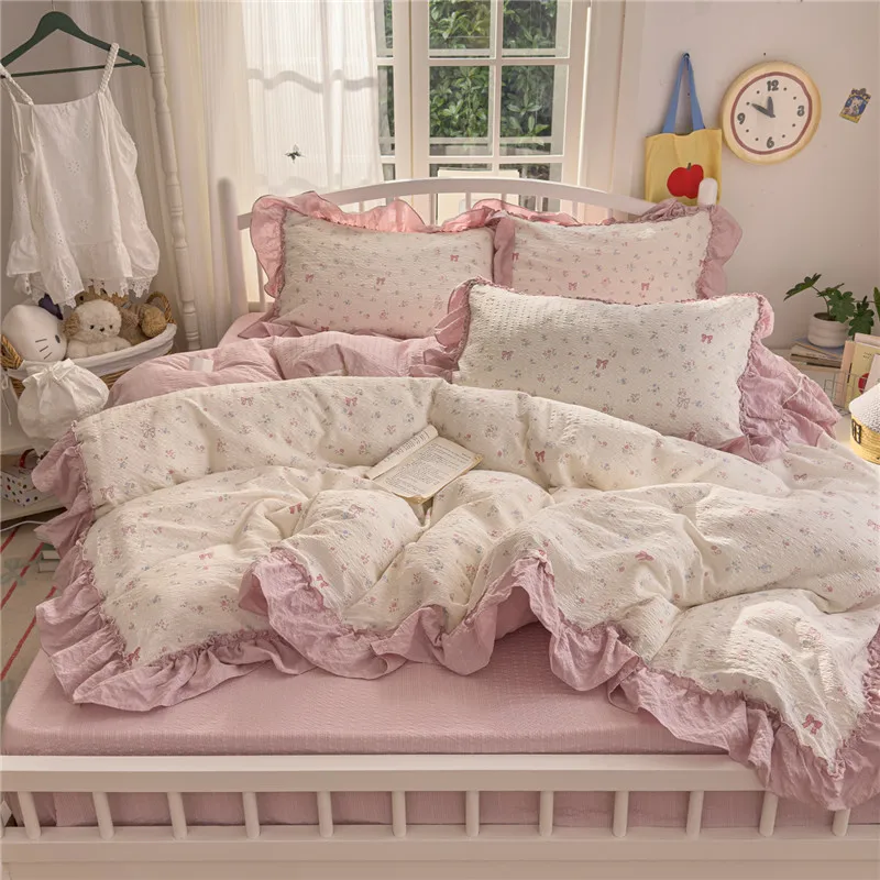 3/4Pcs Korean Princess Style Ruffles Bedding Set Single Queen King Size Duvet Cover Set Bed Sheet Pillowcases