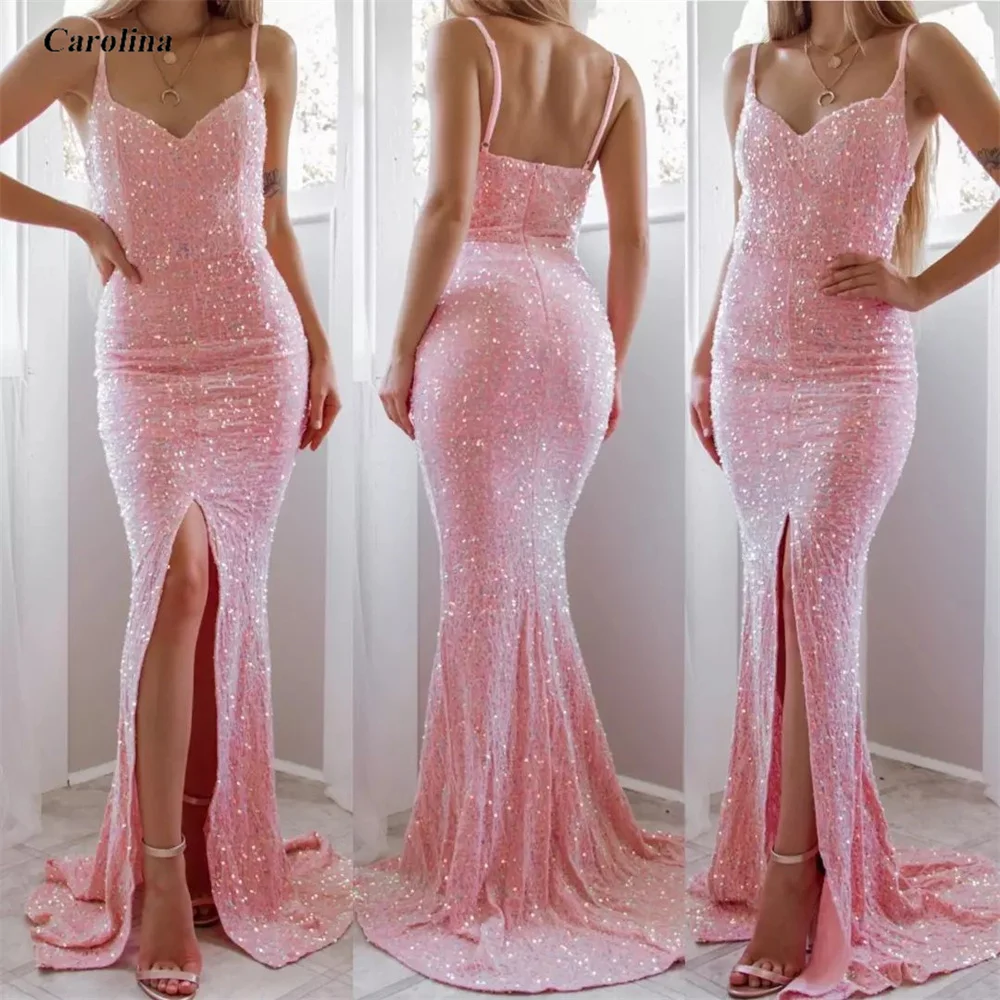 

Spaghetti Straps Sleeveless Sequined Prom Gown Mermaid High Slit Occasion Dress Robe De Soirée Women Elegant Evening Party Dress