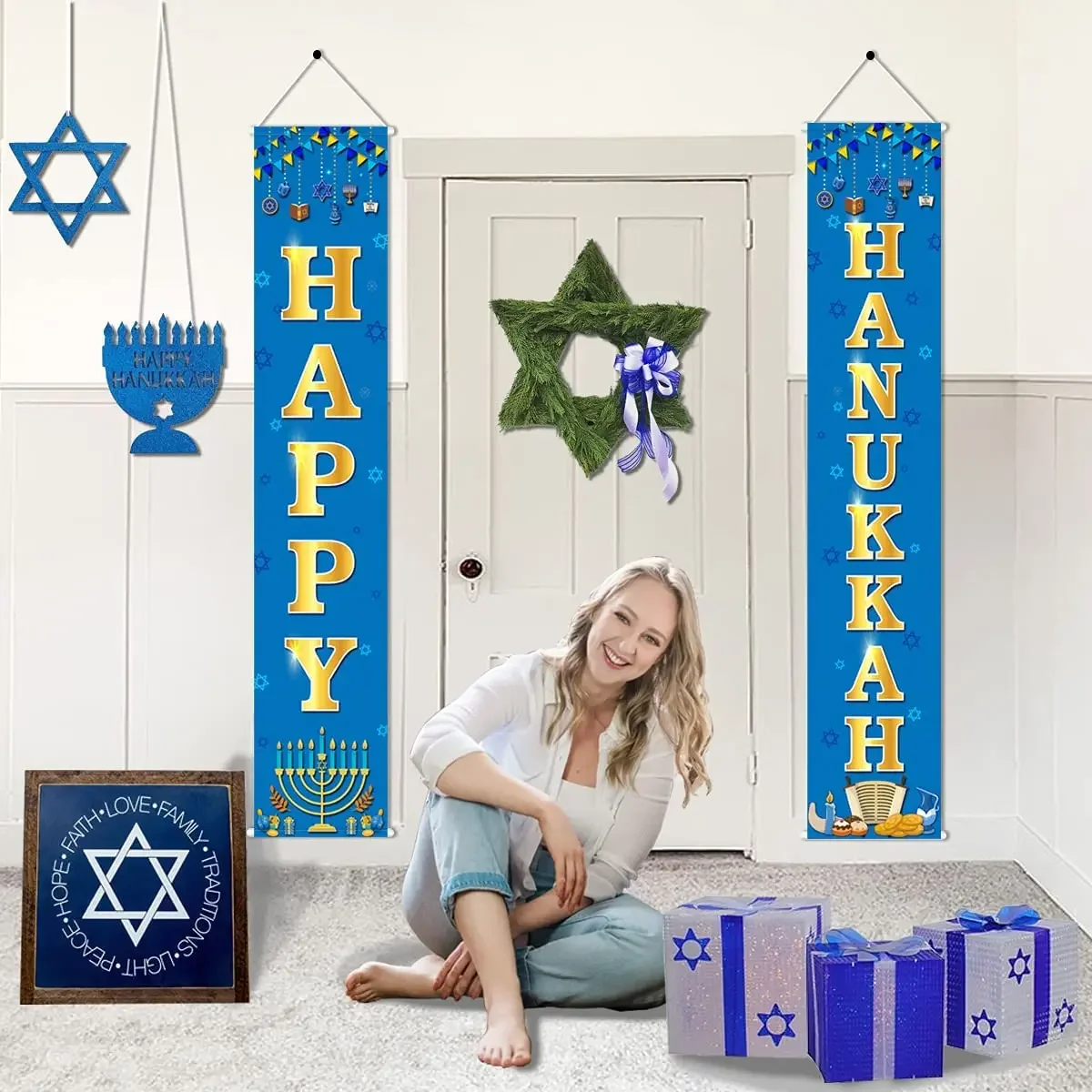 Cheereveal Happy Hanukkah Porch Sign Hanukkah Front Door Decoration Chanukah Welcome Hanging Sign Banner Supplies Home Decor