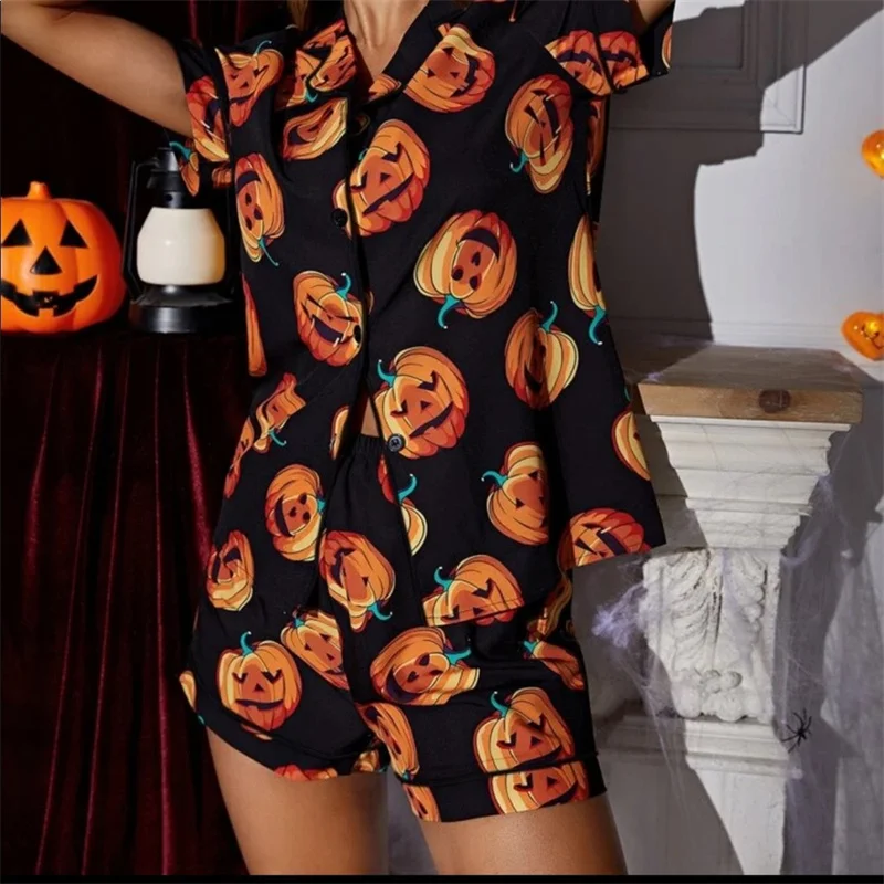 2024 Halloween Silk Satin Pajamas Set for Women Pumpkin Print Button up T-Shirt and Elastic Shorts for Loungewear Soft Sleepwear