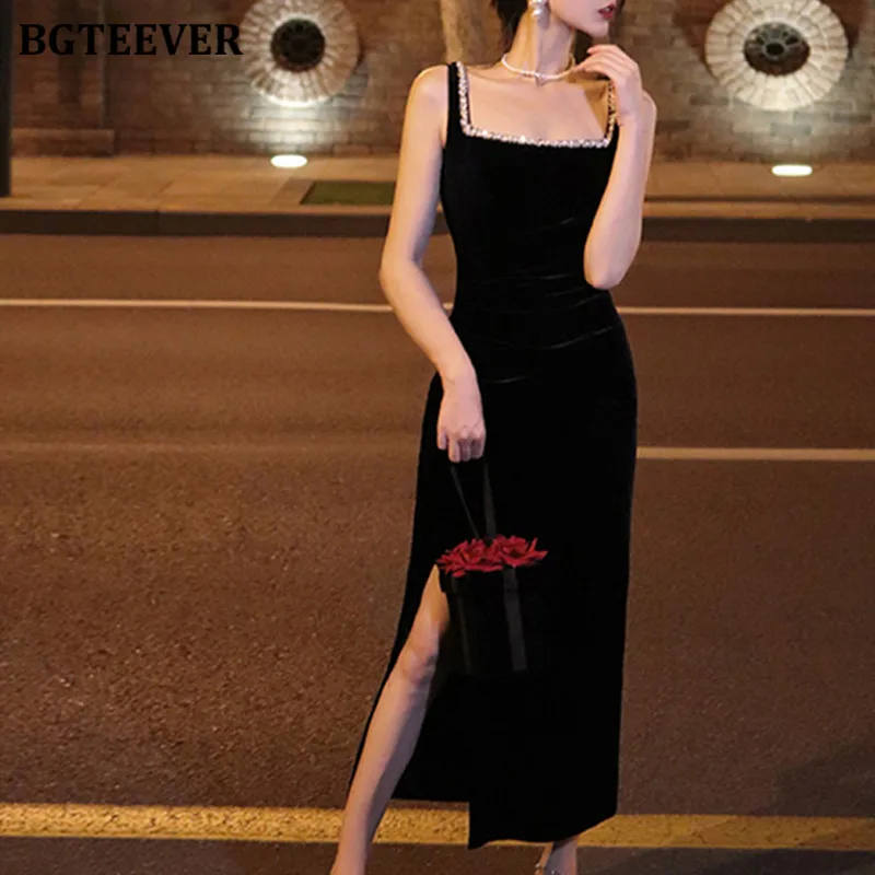 BGTEEVER Fashion Chic Ladies Slim Waist Bodycon Split Mid-Length Dress Elegant Spring Summer Female Sleeveless Velvet Dress