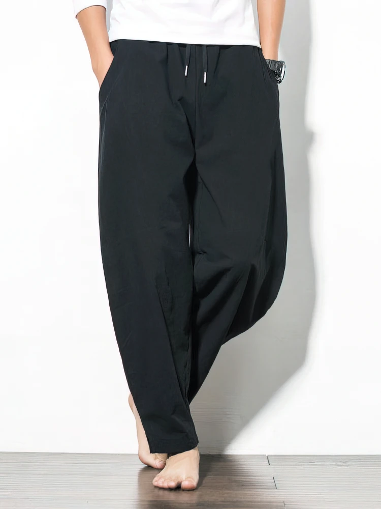 Coton lin survêtement pantalon hommes Baggy pantalon décontracté mâle marche jambe large lâche coton