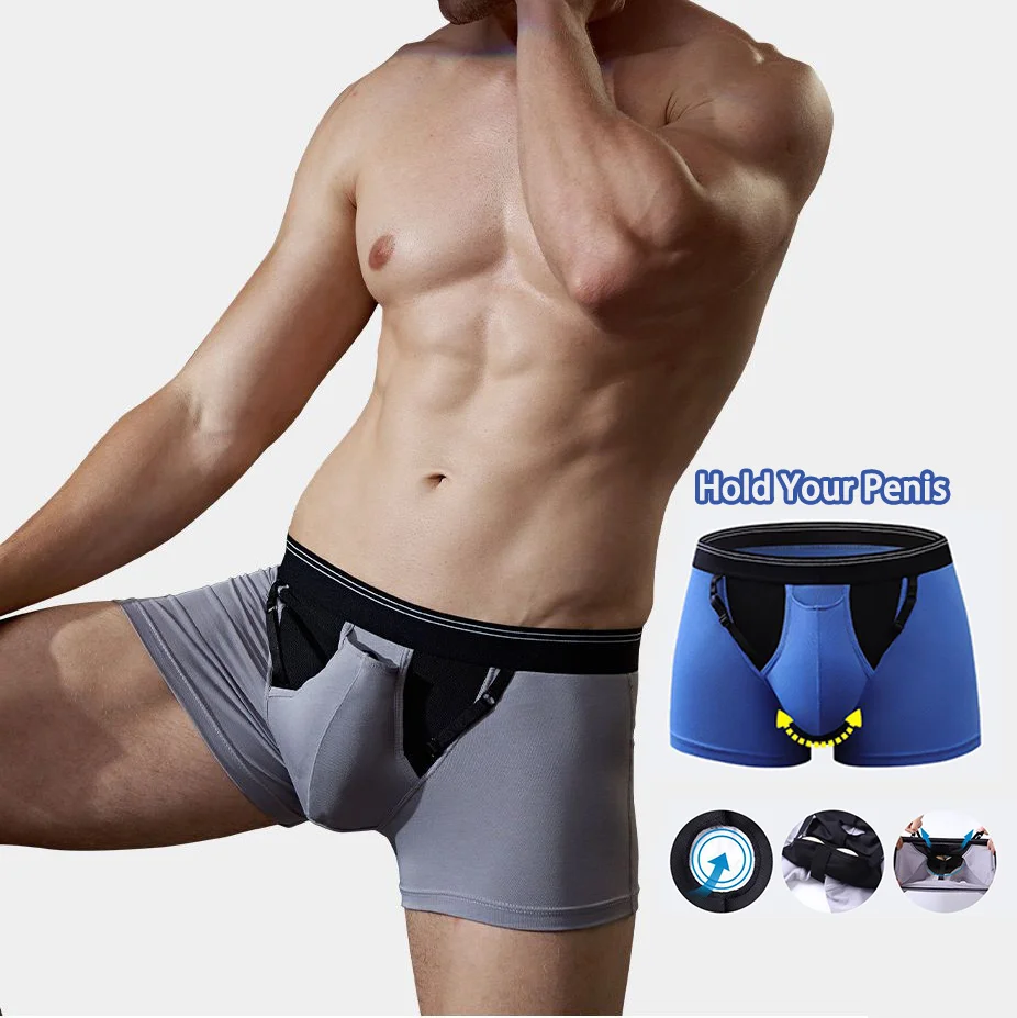 Man Crotch Holder Underwear Scrotum Support Boxers U-Convex Double Pocket Health Care Enhance Lingerie Front Open Pouch Panties