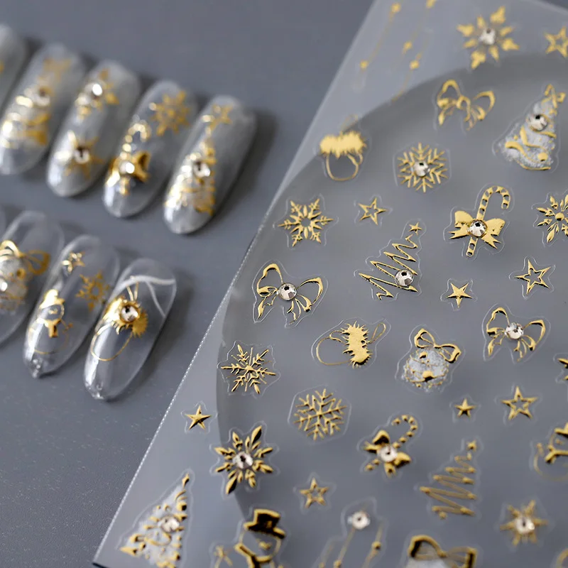 Gouden Sneeuwvlok Strik Sneeuwpop Mooie Kerst 3D Zelfklevende Nail Art Sticker Strass 5D Reliëf Reliëfs Manicure Decals