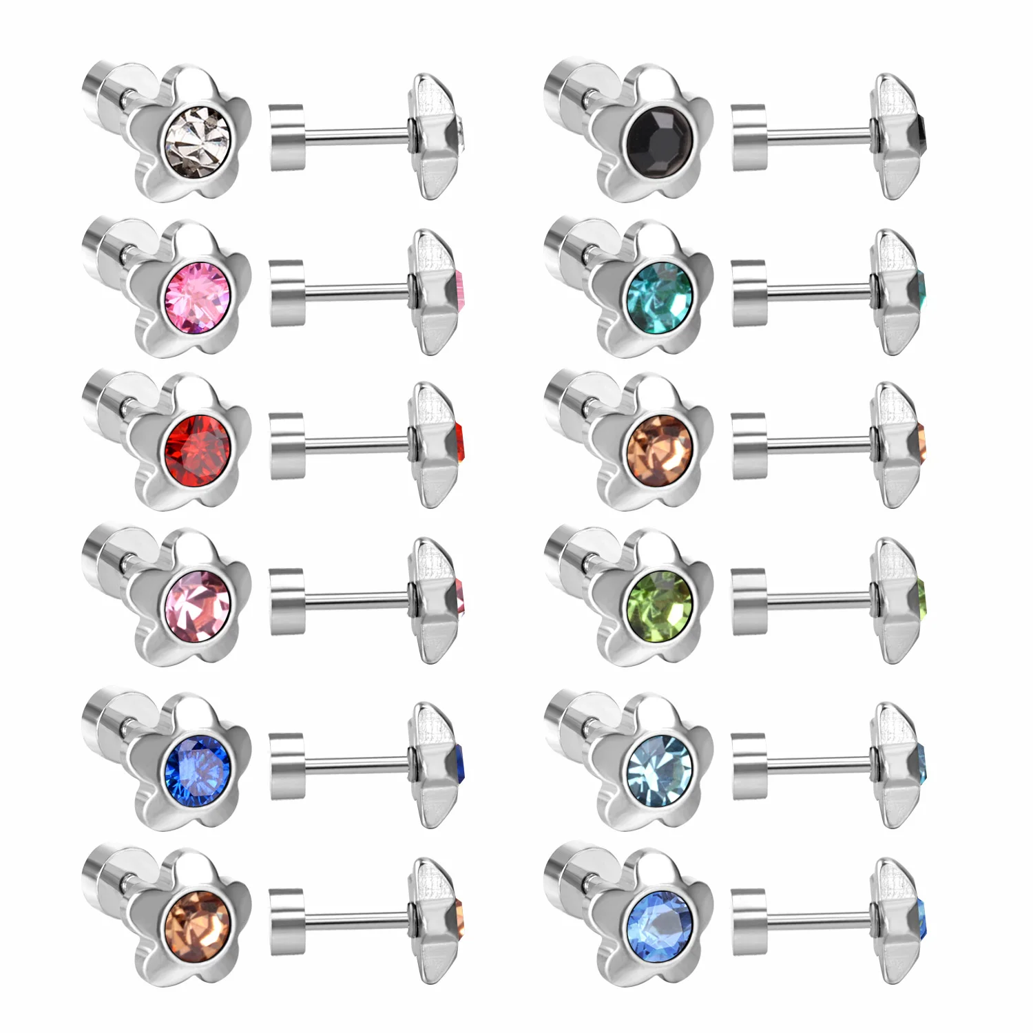 2022 New 12 Pairs Stainless Steel No Fading Zirconia Flower Earrings for Women Gold Color Fashion Gift Jewelry Party Accessories