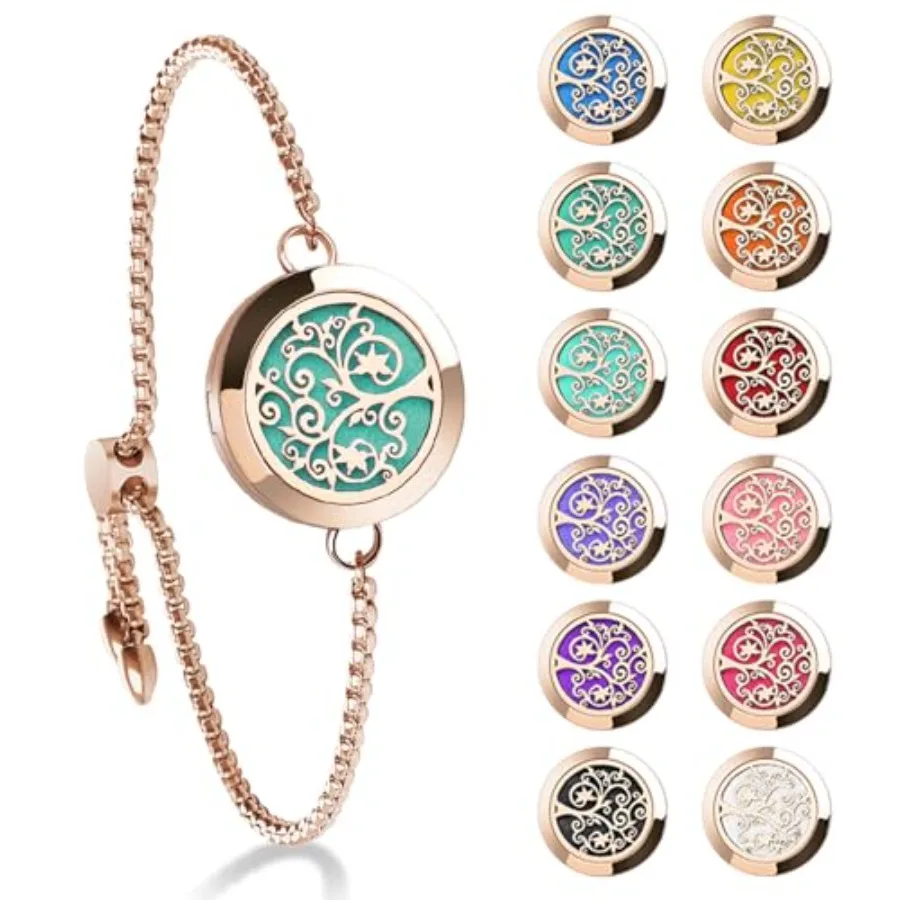 

ential Oil Diffuser Bracelet Stainl Steel Aromatherapy Locket Adjustable Bracelet Set with 24 Refill Pads in 12 Assorted Colors