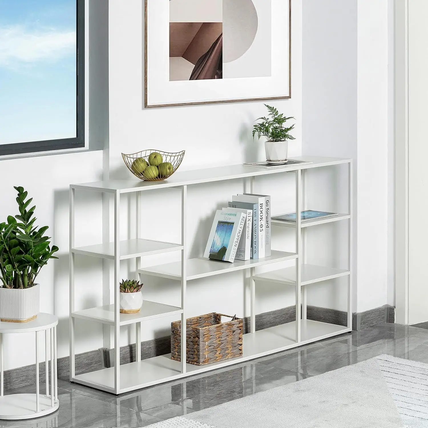 55 Inch Console Table,Narrow Entryway Table,4 Tier Metal Hallway Table,White,55.12×11.81×31.5in Wipe w/ Damp Cloth