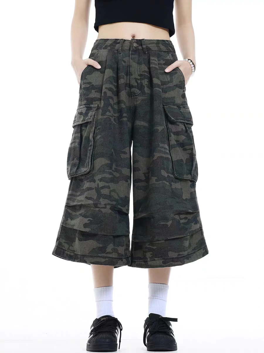 レトロ迷彩ワークウェア オルトス ワイドレッグ ケット デニムジーンズ カジュアル ハイウエスト セブンフット丈 ヴィンテージ風