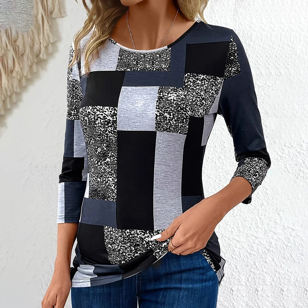 Irregular Plaid Pattern Fashion Women's T-shirts Casual Trend Long Sleeves T shirt Designer Y2K Women Clothing Tops Streetwear
