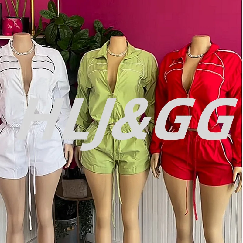 

HLJ&GG Fashion Trend Patchwork Shorts Two Piece Sets Women Zipper Long Sleeve Coat And Shorts Outfits Summer New 2pcs Streetwear