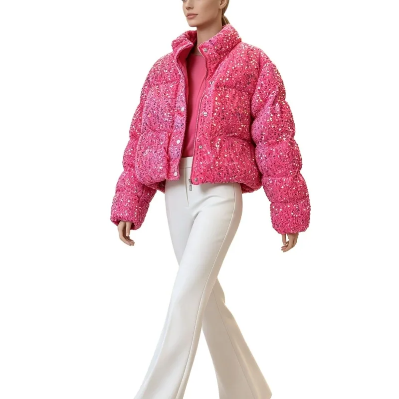 Pink Sequined Cotton-padded Jacket Versatile Fashionable  Style Cotton-padded Jacket, Is Stylish, Fashionable and High-end Coat
