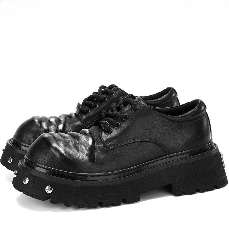 British Wide Version Derby Shoes for Men's Rivet Trendy Design Height Increasing Shoe Genuine Leather Retro Casual Leather Shoes