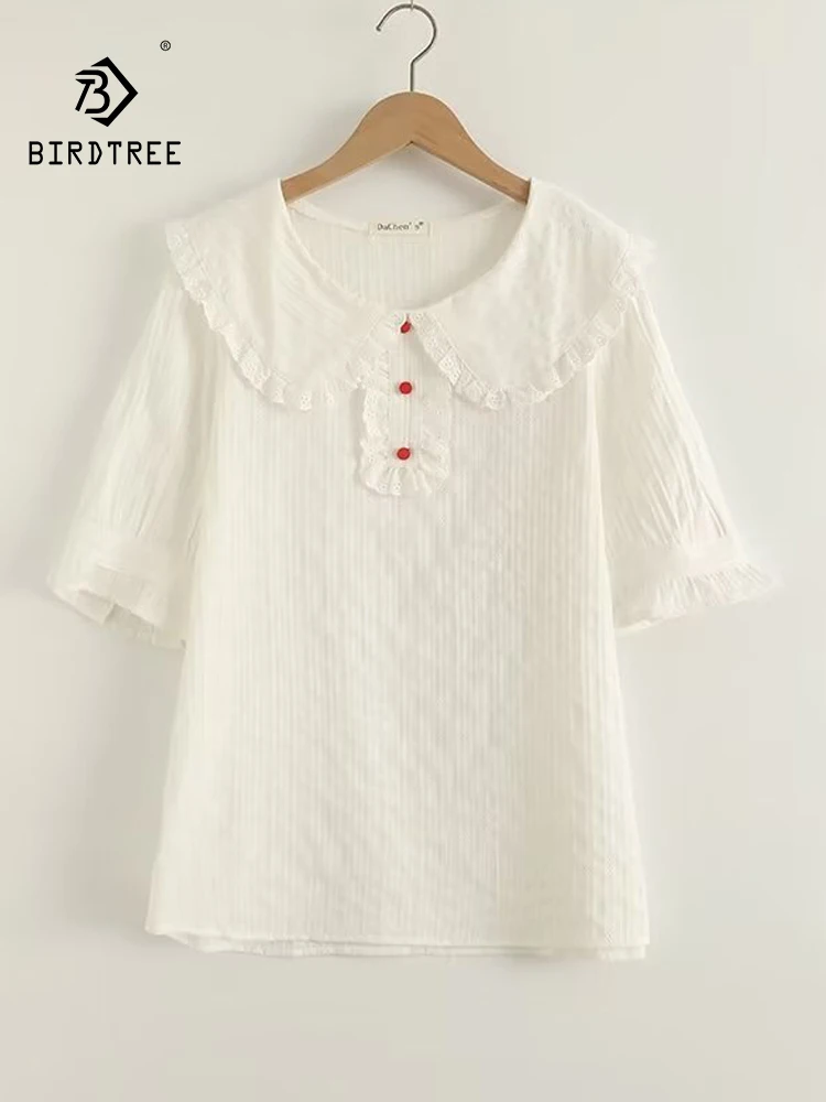 

New 2026 Summer Women Cotton Short Sleeve Shirt, Peter Pan Collar Lace, Mori Girl Preppy Style Casual Loose Doll Blouse T66220CC