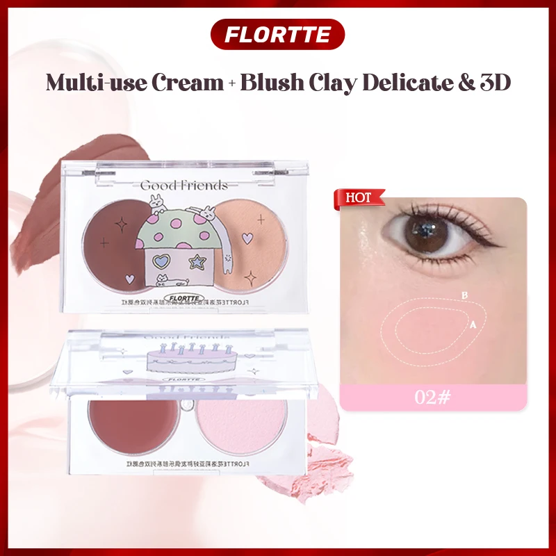 

FLORTTE Double Color Blush Powder Natural Smooth Rouge Contour Face Cosmetics