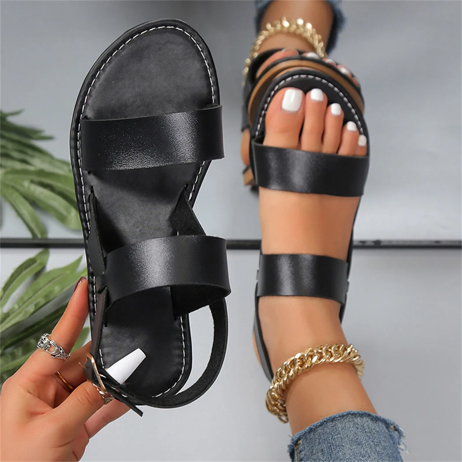 

Ladies Summer Solid Colour Simple Retro Ankle Strap Round Head Flat Bottom Plus Size Sandals Roman Shoes Comfy Sandals for Women