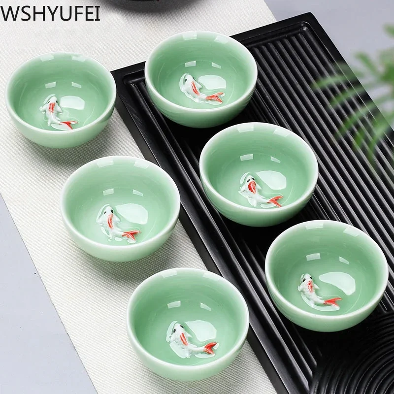 6 pcs/lot  Tea set Small Tea Cup Ceramic Tea Set Household Single Cup Master Blue and White Porcelain Tea Celadon Gift Box